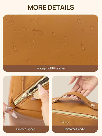 Leather Make Up Bag Portable Travel Makeup Bag Waterproof Cosmetic Bags for Women Large Capacity With Handle and Divider Open Lay Flat | Cosmetic Bags for Women Large Capacity With Handle and Divider Open Lay Flat