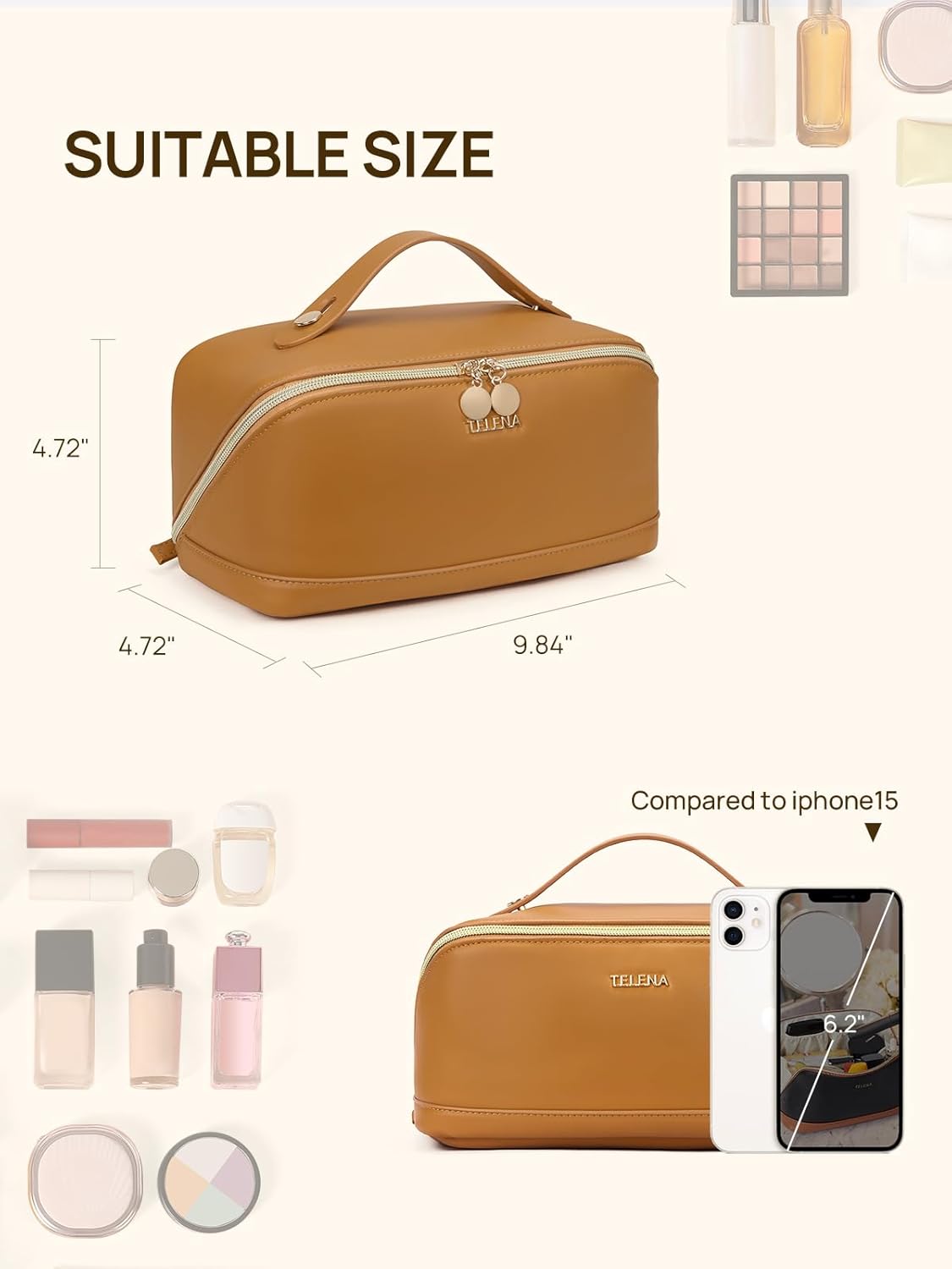 Leather Make Up Bag Portable Travel Makeup Bag Waterproof Cosmetic Bags for Women Large Capacity With Handle and Divider Open Lay Flat | Cosmetic Bags for Women Large Capacity With Handle and Divider Open Lay Flat