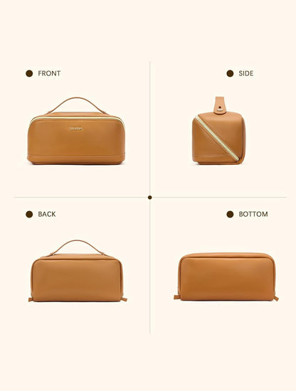 Leather Make Up Bag Portable Travel Makeup Bag Waterproof Cosmetic Bags for Women Large Capacity With Handle and Divider Open Lay Flat | Cosmetic Bags for Women Large Capacity With Handle and Divider Open Lay Flat