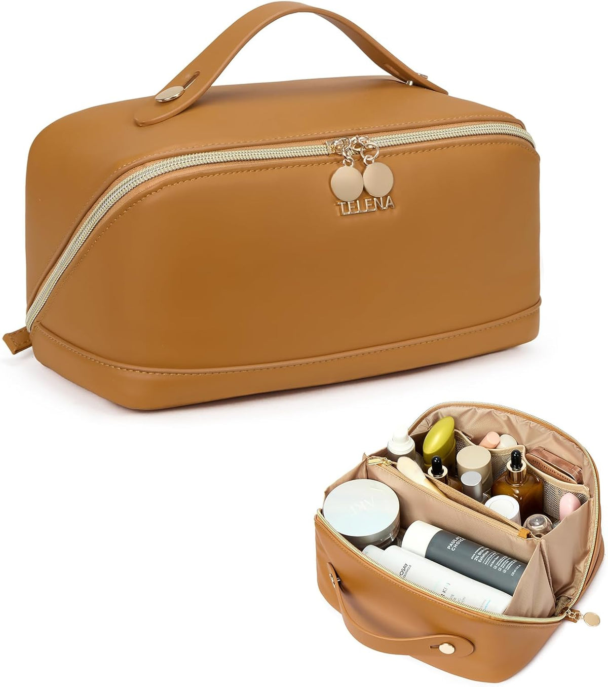 Leather Make Up Bag Portable Travel Makeup Bag Waterproof Cosmetic Bags for Women Large Capacity With Handle and Divider Open Lay Flat | Cosmetic Bags for Women Large Capacity With Handle and Divider Open Lay Flat