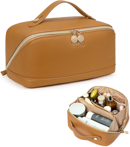 Leather Make Up Bag Portable Travel Makeup Bag Waterproof Cosmetic Bags for Women Large Capacity With Handle and Divider Open Lay Flat | Cosmetic Bags for Women Large Capacity With Handle and Divider Open Lay Flat