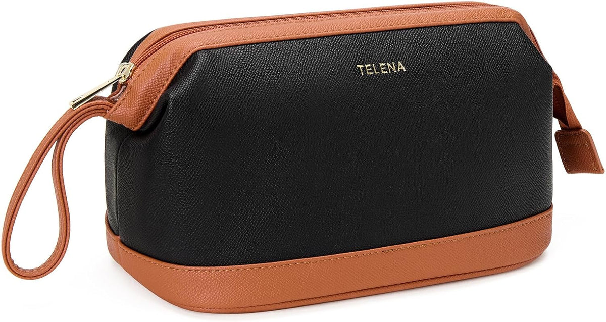 Leather Make Up Bag Portable Travel Makeup Bag Waterproof Cosmetic Bags for Women Large Capacity With Handle and Divider Open Lay Flat | Cosmetic Bags for Women Large Capacity With Handle and Divider Open Lay Flat