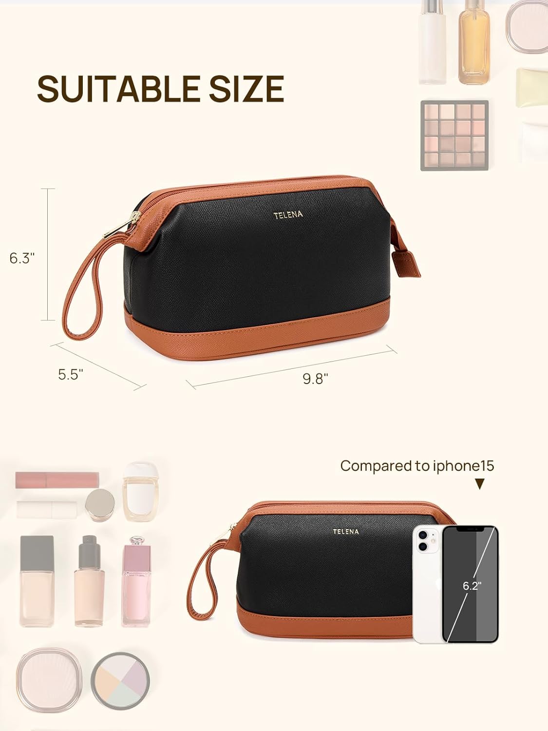 Leather Make Up Bag Portable Travel Makeup Bag Waterproof Cosmetic Bags for Women Large Capacity With Handle and Divider Open Lay Flat | Cosmetic Bags for Women Large Capacity With Handle and Divider Open Lay Flat