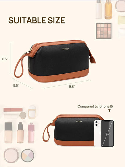 Leather Make Up Bag Portable Travel Makeup Bag Waterproof Cosmetic Bags for Women Large Capacity With Handle and Divider Open Lay Flat | Cosmetic Bags for Women Large Capacity With Handle and Divider Open Lay Flat
