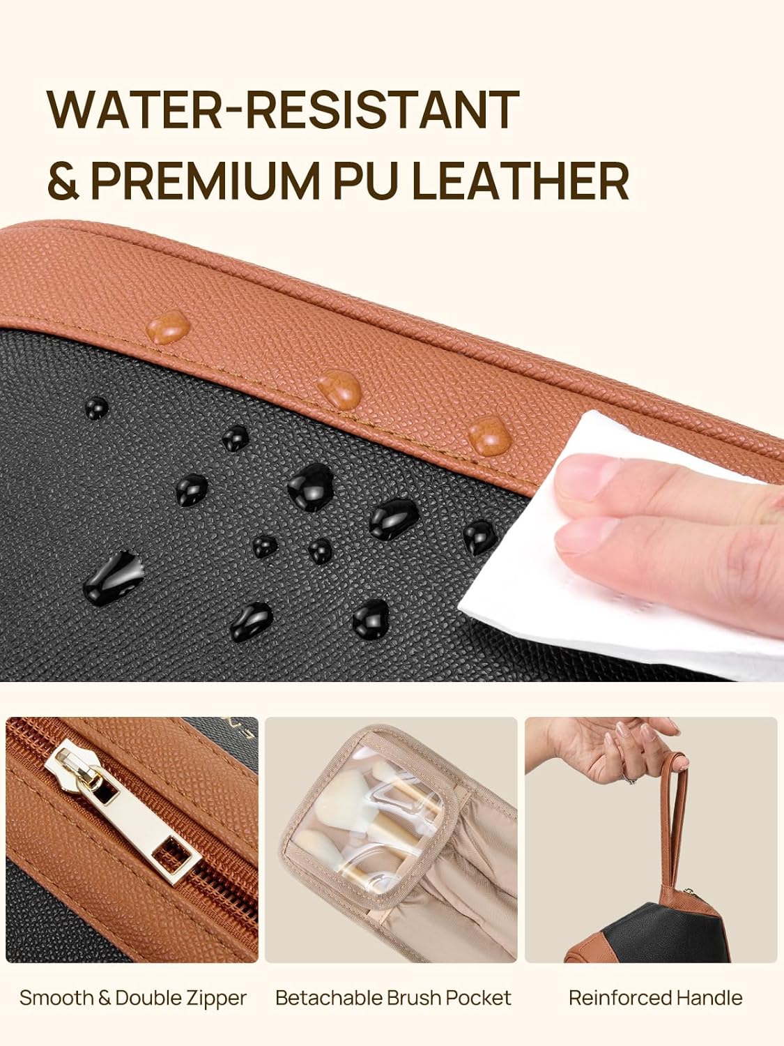 Leather Make Up Bag Portable Travel Makeup Bag Waterproof Cosmetic Bags for Women Large Capacity With Handle and Divider Open Lay Flat | Cosmetic Bags for Women Large Capacity With Handle and Divider Open Lay Flat