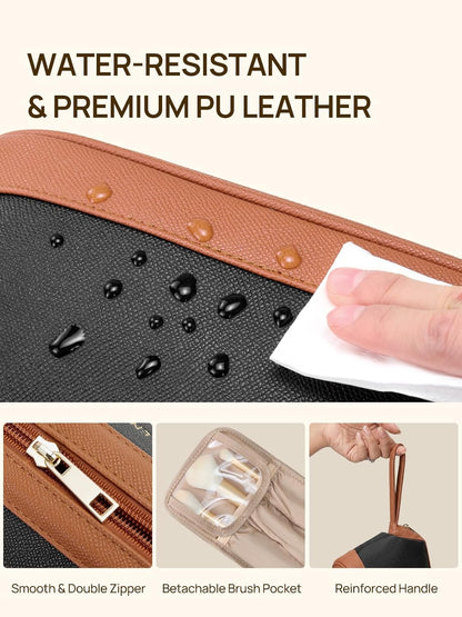 Leather Make Up Bag Portable Travel Makeup Bag Waterproof Cosmetic Bags for Women Large Capacity With Handle and Divider Open Lay Flat | Cosmetic Bags for Women Large Capacity With Handle and Divider Open Lay Flat