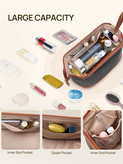 Leather Make Up Bag Portable Travel Makeup Bag Waterproof Cosmetic Bags for Women Large Capacity With Handle and Divider Open Lay Flat | Cosmetic Bags for Women Large Capacity With Handle and Divider Open Lay Flat