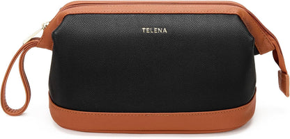 Leather Make Up Bag Portable Travel Makeup Bag Waterproof Cosmetic Bags for Women Large Capacity With Handle and Divider Open Lay Flat | Cosmetic Bags for Women Large Capacity With Handle and Divider Open Lay Flat