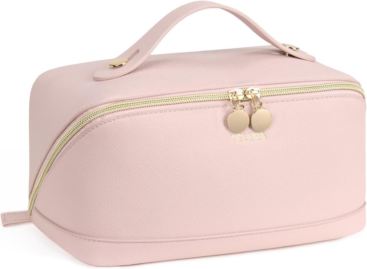 Leather Make Up Bag Portable Travel Makeup Bag Waterproof Cosmetic Bags for Women Large Capacity With Handle and Divider Open Lay Flat | Cosmetic Bags for Women Large Capacity With Handle and Divider Open Lay Flat