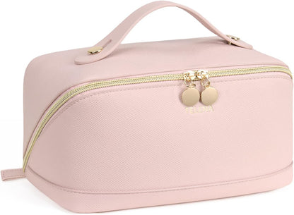 Leather Make Up Bag Portable Travel Makeup Bag Waterproof Cosmetic Bags for Women Large Capacity With Handle and Divider Open Lay Flat | Cosmetic Bags for Women Large Capacity With Handle and Divider Open Lay Flat