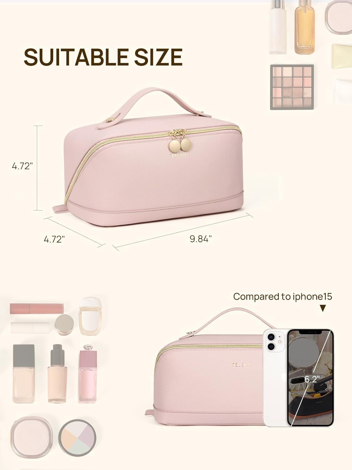Leather Make Up Bag Portable Travel Makeup Bag Waterproof Cosmetic Bags for Women Large Capacity With Handle and Divider Open Lay Flat | Cosmetic Bags for Women Large Capacity With Handle and Divider Open Lay Flat