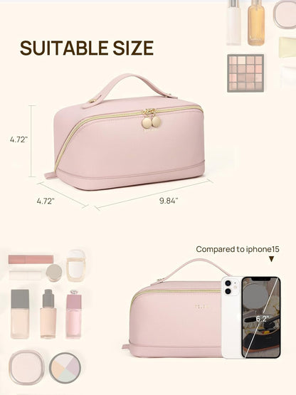 Leather Make Up Bag Portable Travel Makeup Bag Waterproof Cosmetic Bags for Women Large Capacity With Handle and Divider Open Lay Flat | Cosmetic Bags for Women Large Capacity With Handle and Divider Open Lay Flat