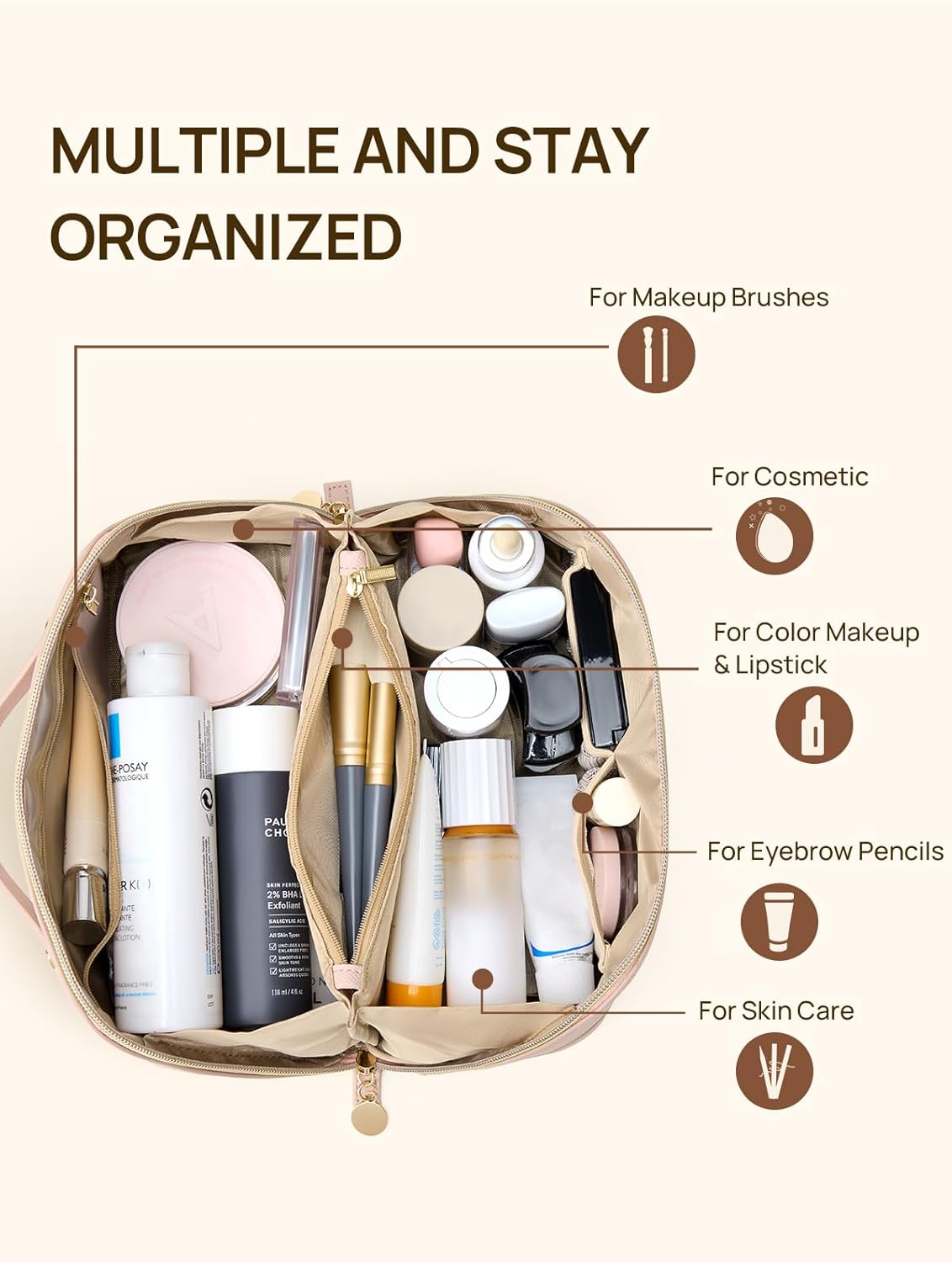 Leather Make Up Bag Portable Travel Makeup Bag Waterproof Cosmetic Bags for Women Large Capacity With Handle and Divider Open Lay Flat | Cosmetic Bags for Women Large Capacity With Handle and Divider Open Lay Flat