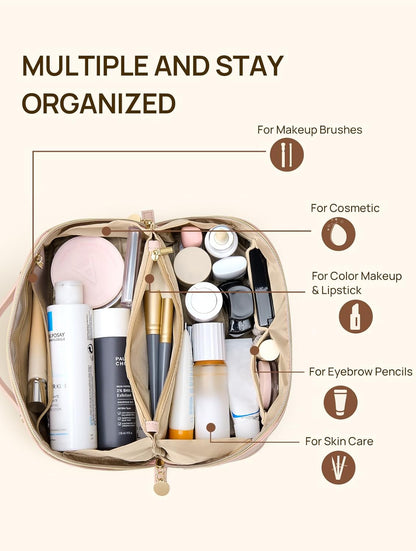 Leather Make Up Bag Portable Travel Makeup Bag Waterproof Cosmetic Bags for Women Large Capacity With Handle and Divider Open Lay Flat | Cosmetic Bags for Women Large Capacity With Handle and Divider Open Lay Flat