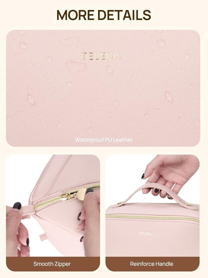 Leather Make Up Bag Portable Travel Makeup Bag Waterproof Cosmetic Bags for Women Large Capacity With Handle and Divider Open Lay Flat | Cosmetic Bags for Women Large Capacity With Handle and Divider Open Lay Flat