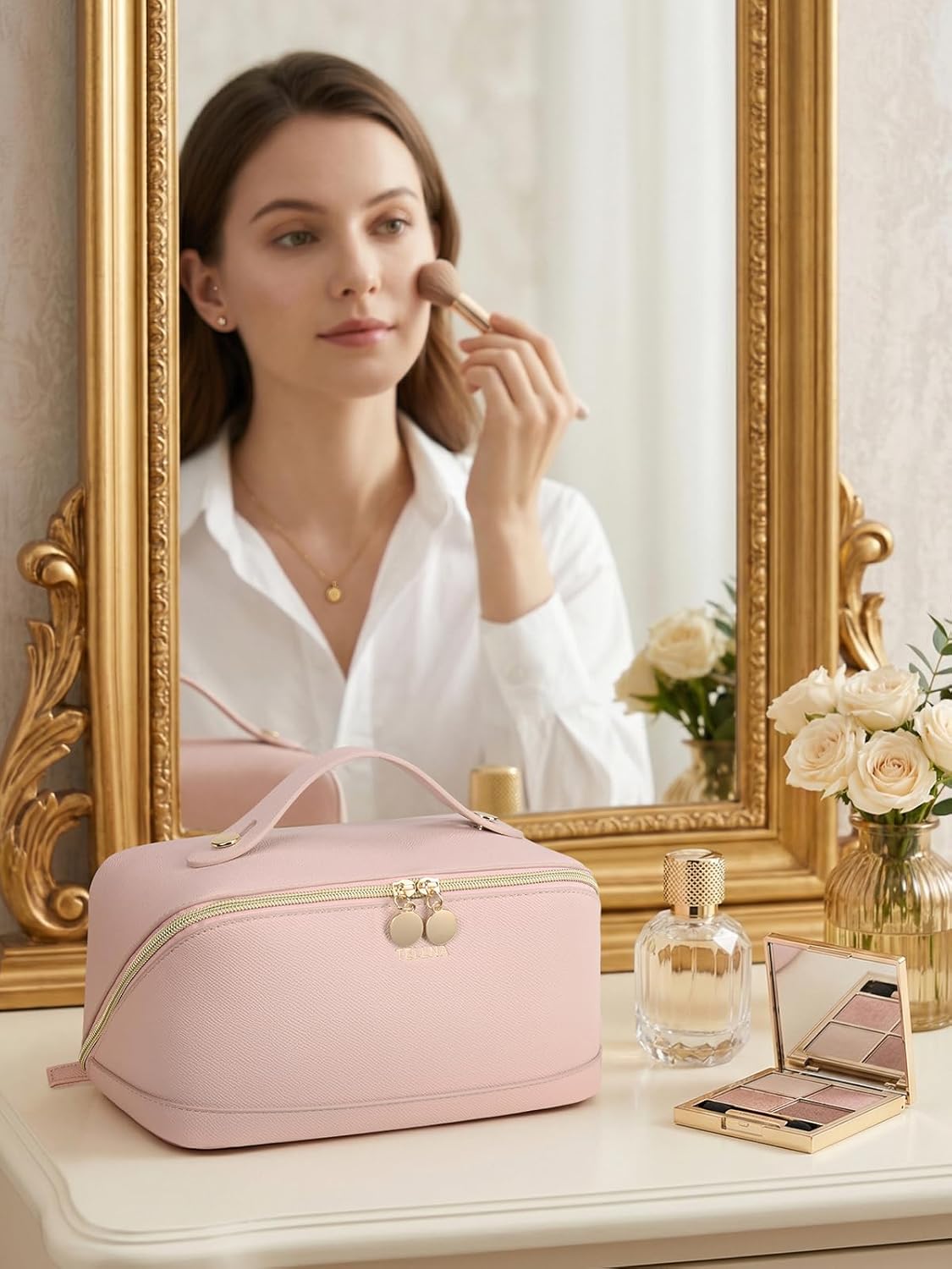 Leather Make Up Bag Portable Travel Makeup Bag Waterproof Cosmetic Bags for Women Large Capacity With Handle and Divider Open Lay Flat | Cosmetic Bags for Women Large Capacity With Handle and Divider Open Lay Flat