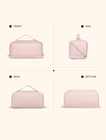 Leather Make Up Bag Portable Travel Makeup Bag Waterproof Cosmetic Bags for Women Large Capacity With Handle and Divider Open Lay Flat | Cosmetic Bags for Women Large Capacity With Handle and Divider Open Lay Flat