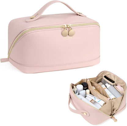 Leather Make Up Bag Portable Travel Makeup Bag Waterproof Cosmetic Bags for Women Large Capacity With Handle and Divider Open Lay Flat | Cosmetic Bags for Women Large Capacity With Handle and Divider Open Lay Flat