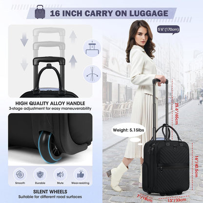 Underseat Carry On Luggage with Wheels, 16-inch Airline Approved Luggage Lightweight Softside Underseater Travel Suitcases Durable Overnight Bag Rolling Carry-on Bag for Women Men, Black