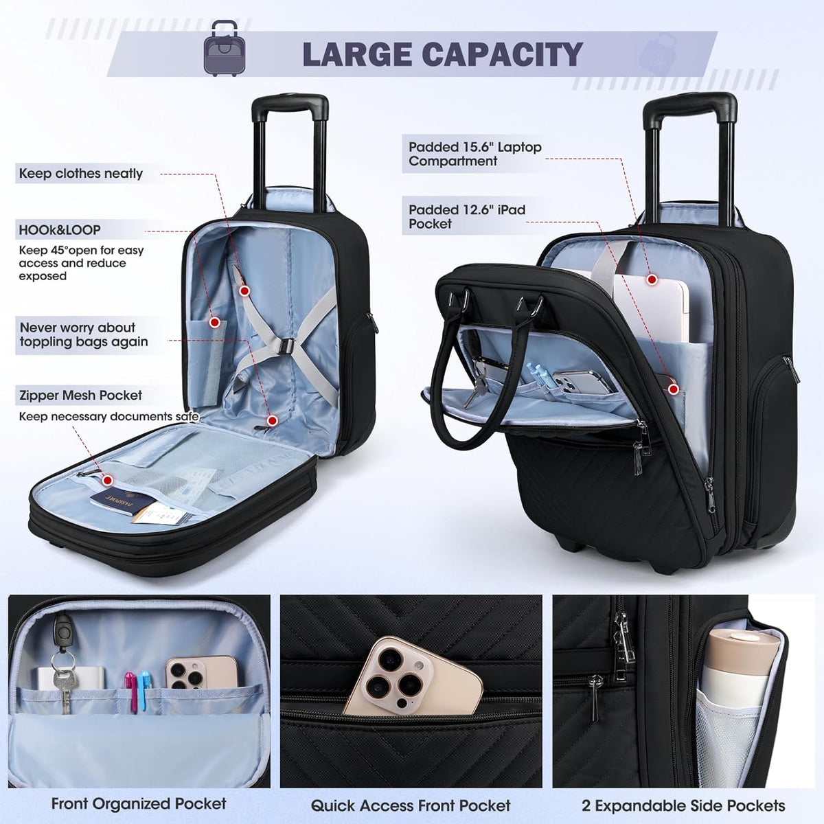 Underseat Carry On Luggage with Wheels, 16-inch Airline Approved Luggage Lightweight Softside Underseater Travel Suitcases Durable Overnight Bag Rolling Carry-on Bag for Women Men, Black