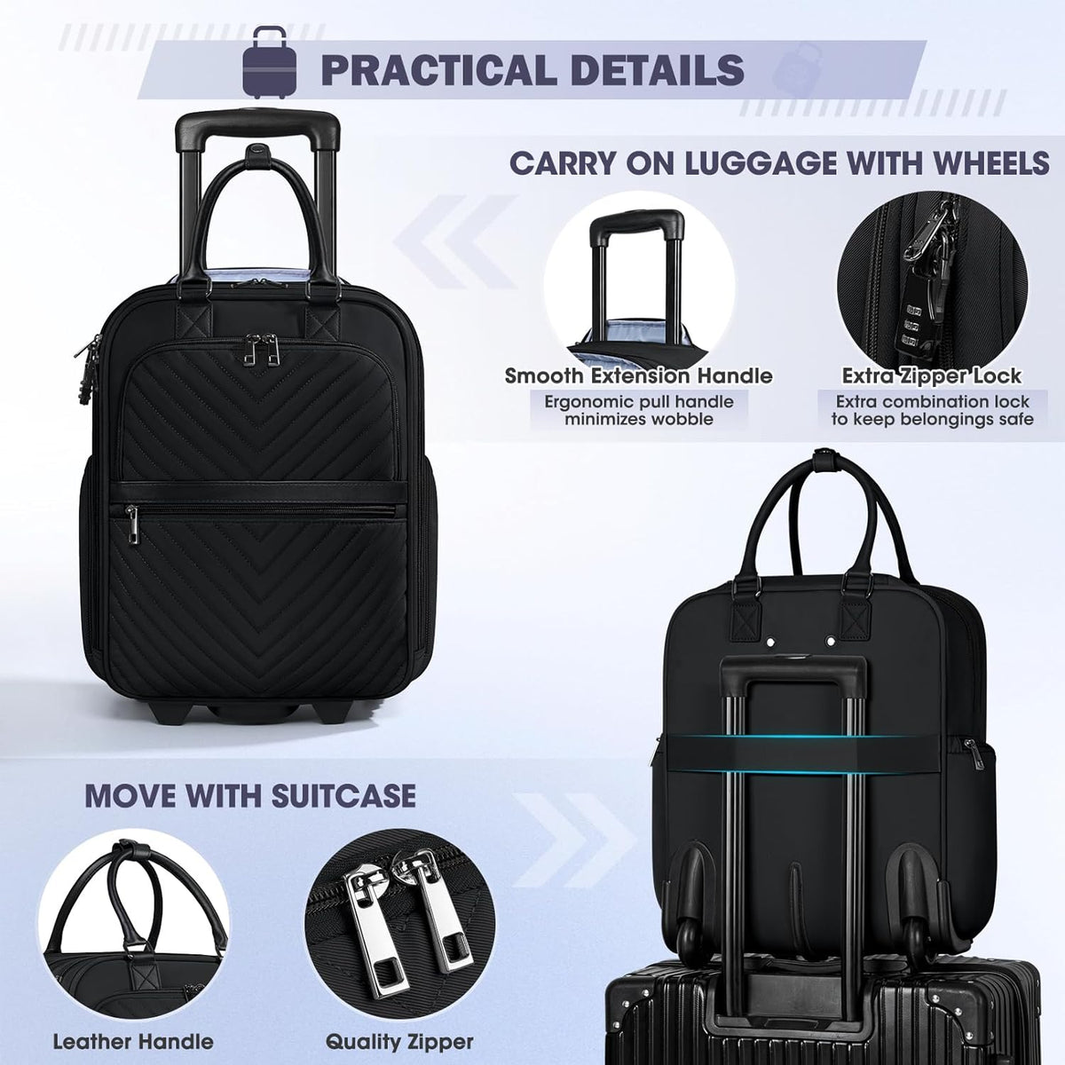 Underseat Carry On Luggage with Wheels, 16-inch Airline Approved Luggage Lightweight Softside Underseater Travel Suitcases Durable Overnight Bag Rolling Carry-on Bag for Women Men, Black