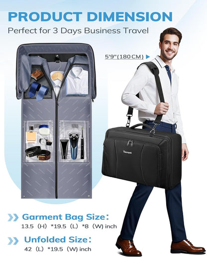 Convertible Carry on Garment Bag, Duffel Bag with Backpack Straps | Hanging Suit Carrier, Shoe Compartment, 15.6 Laptop Bag, Business Suitcase, Wrinkle Free Suit Carrier Luggage