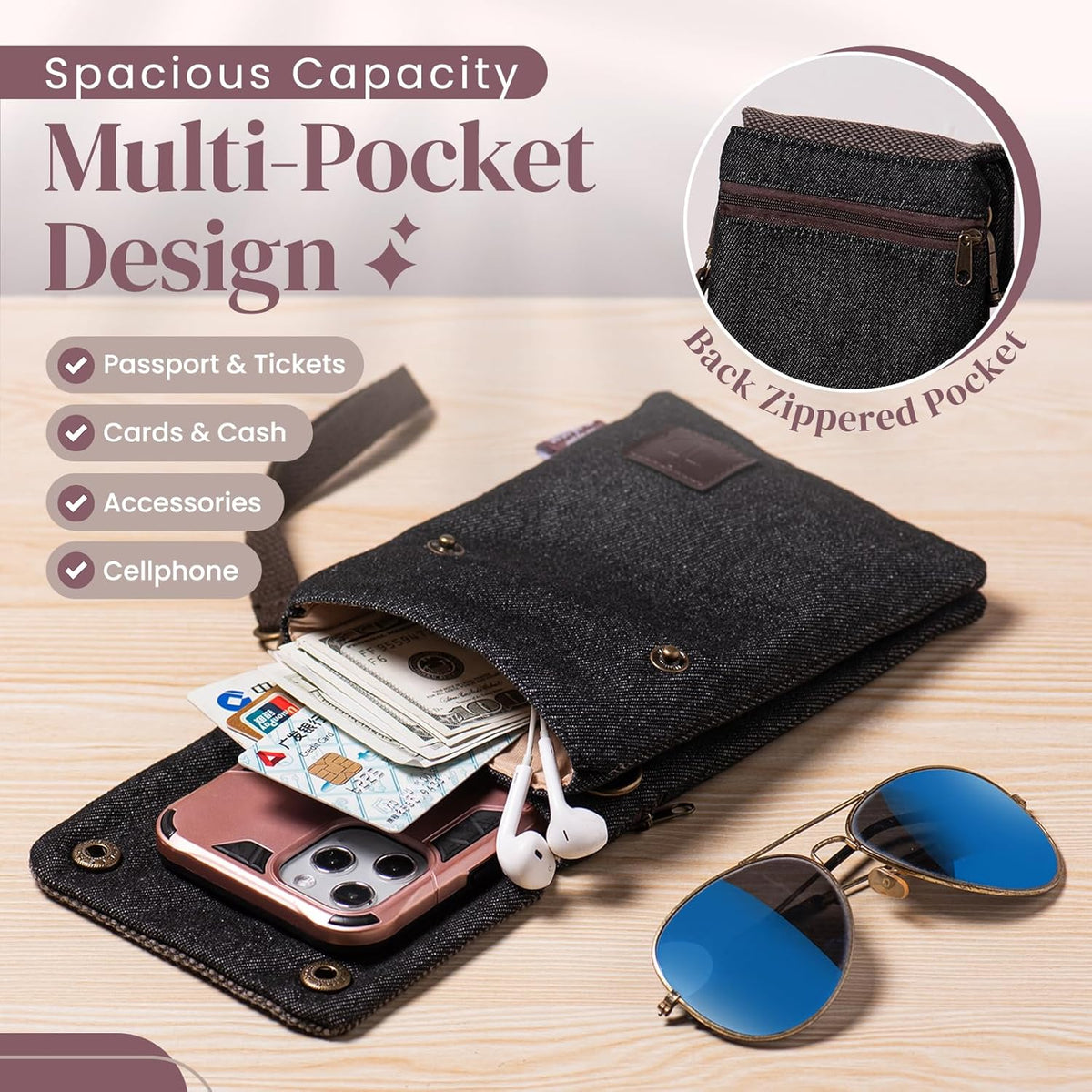 Small Crossbody Purse for Women Cell Phone Shoulder Handbag Wristlet Wallet | Crossbody Bag with Shoulder Strap Wrist Strap, Shoulder Bag for Traveling Shopping Commute, Canvas Passport Cell Phone Pouch