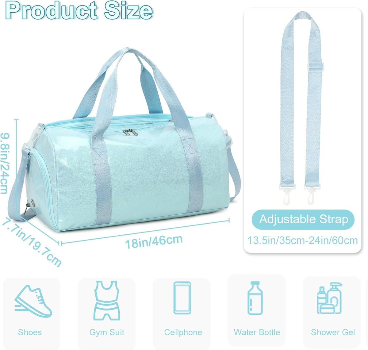 Duffle Bag for Girls Kids Gym Sports Women Workout Travel Bag Weekender with Shoe Compartment and Wet Pocket (Blue)