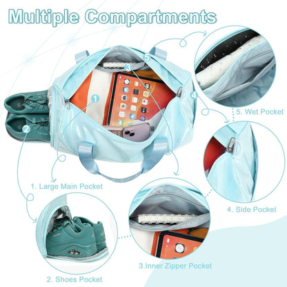 Duffle Bag for Girls Kids Gym Sports Women Workout Travel Bag Weekender with Shoe Compartment and Wet Pocket (Blue)