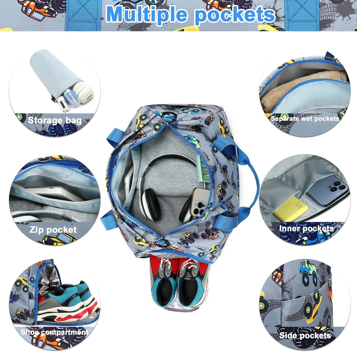 Duffle Bag for Girls Kids Gym Sports Women Workout Travel Bag Weekender with Shoe Compartment and Wet Pocket (Blue)