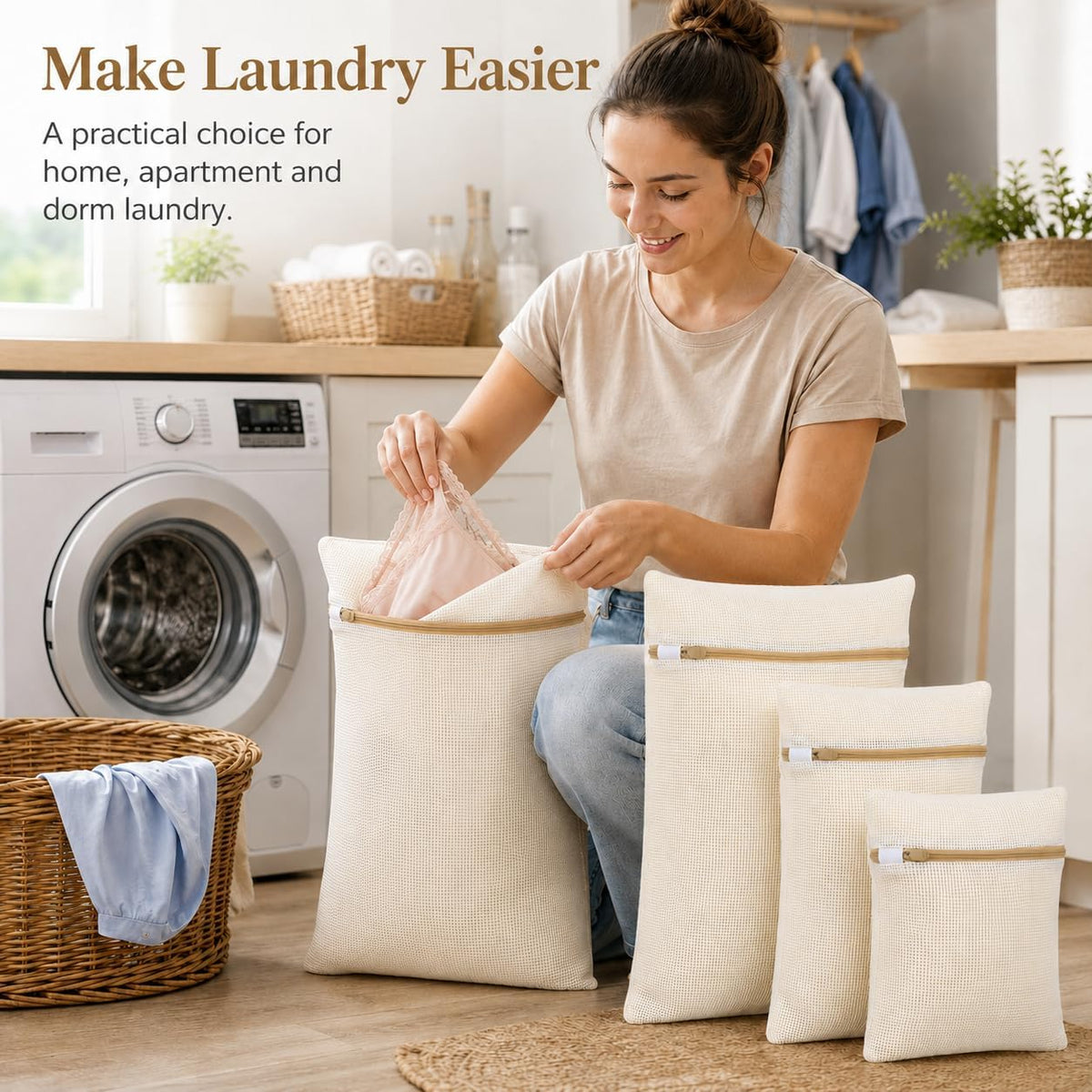 4pcs Mesh Laundry Bags Zipper Heavy Duty Washing Machine Bags Clothing Sweater Undergarment Travel Storage Organizer