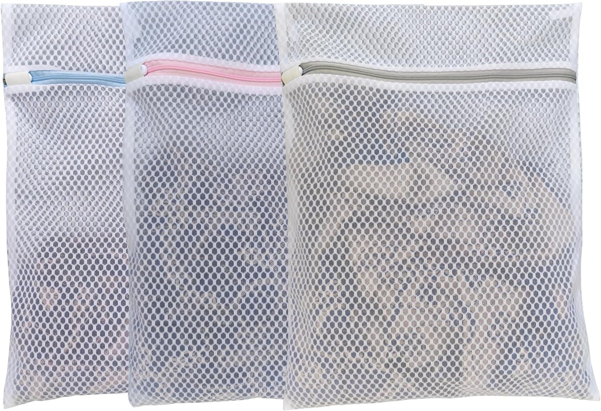 Mesh Laundry Bags for Delicates – 3 Pack (12”×16”) with Color-Coded Zippers, Protects Clothes from Damage, Breathable Honeycomb Mesh, Washer & Dryer Safe bags - Ideal for Bras, Lingerie & Socks