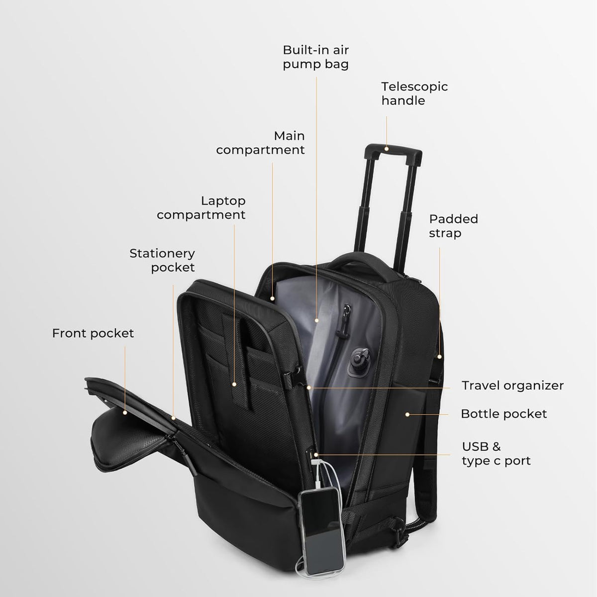 Rolling Vacuum Backpack Travel, Expandable Suitcase with USB C Ports, Lock