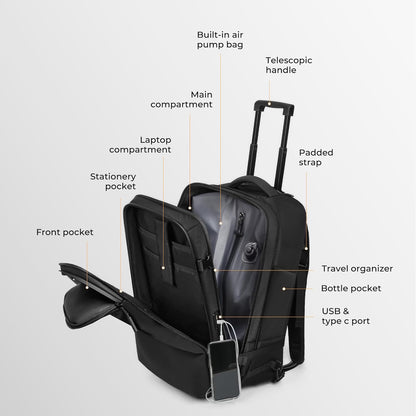 Rolling Vacuum Backpack Travel, Expandable Suitcase with USB C Ports, Lock