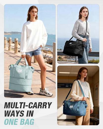 Expandable Travel Duffle Bag for Women Men, Large Gym Bag Travel Tote Bags, Waterproof Carry On Personal Item Bag Airline Approved, Workout Weekender Bag for Overnight Trips with Luggage Sleeve, Green