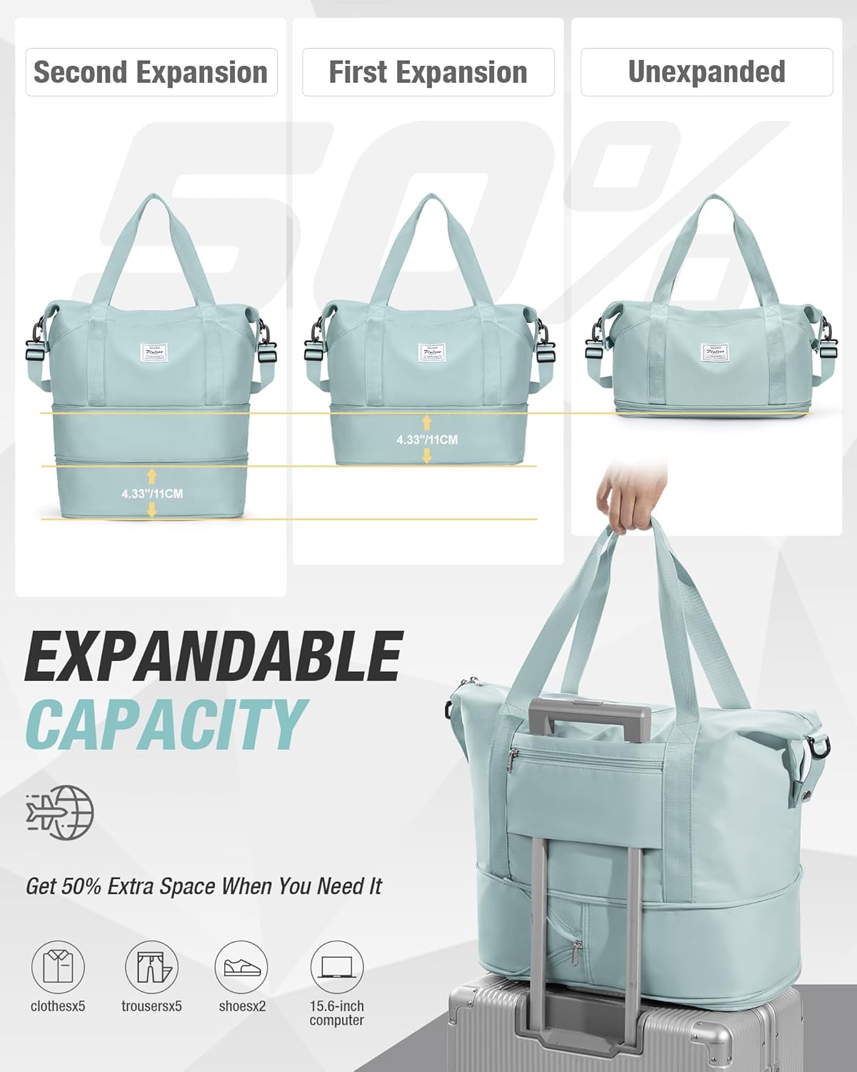 Expandable Travel Duffle Bag for Women Men, Large Gym Bag Travel Tote Bags, Waterproof Carry On Personal Item Bag Airline Approved, Workout Weekender Bag for Overnight Trips with Luggage Sleeve, Green