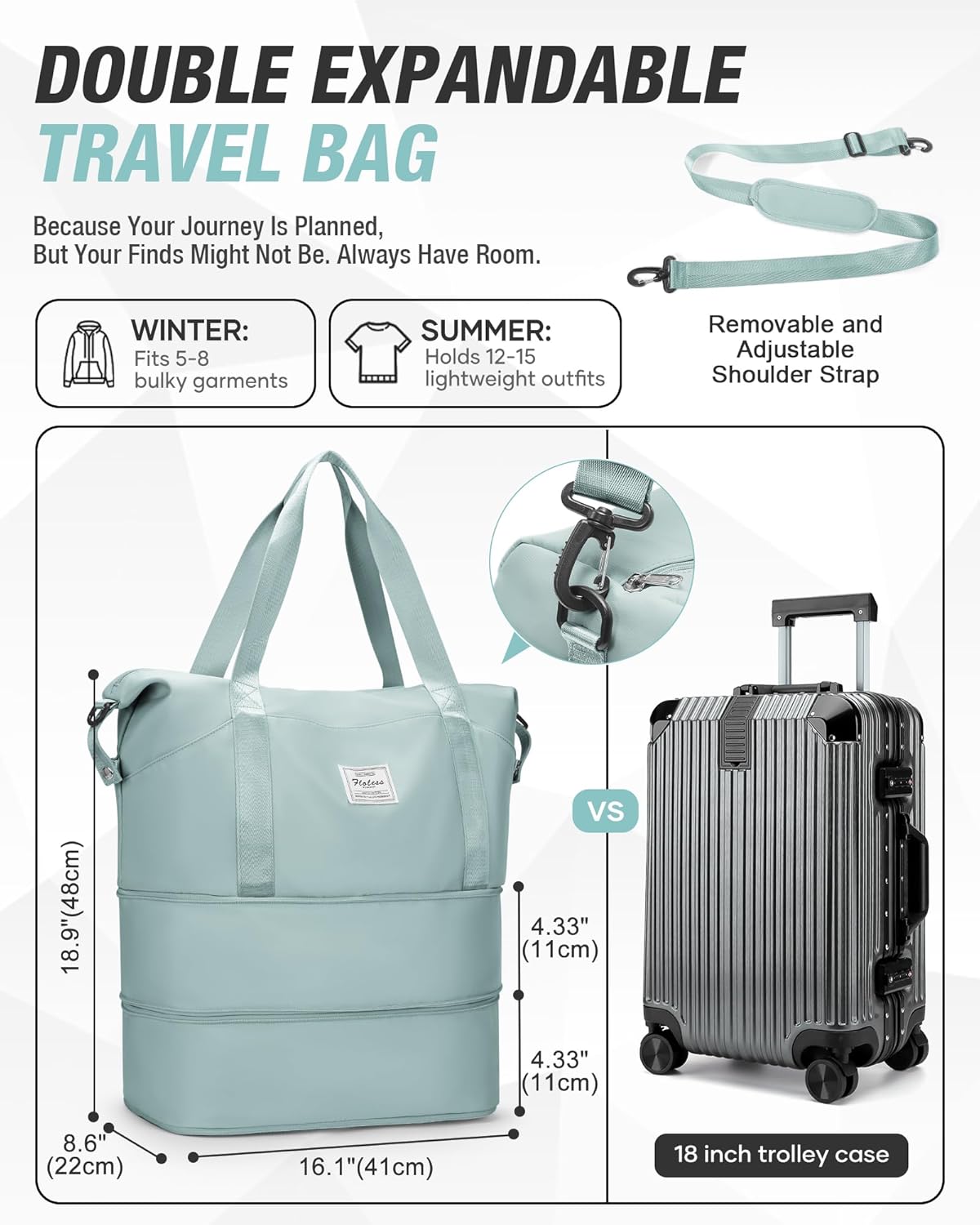 Expandable Travel Duffle Bag for Women Men, Large Gym Bag Travel Tote Bags, Waterproof Carry On Personal Item Bag Airline Approved, Workout Weekender Bag for Overnight Trips with Luggage Sleeve, Green