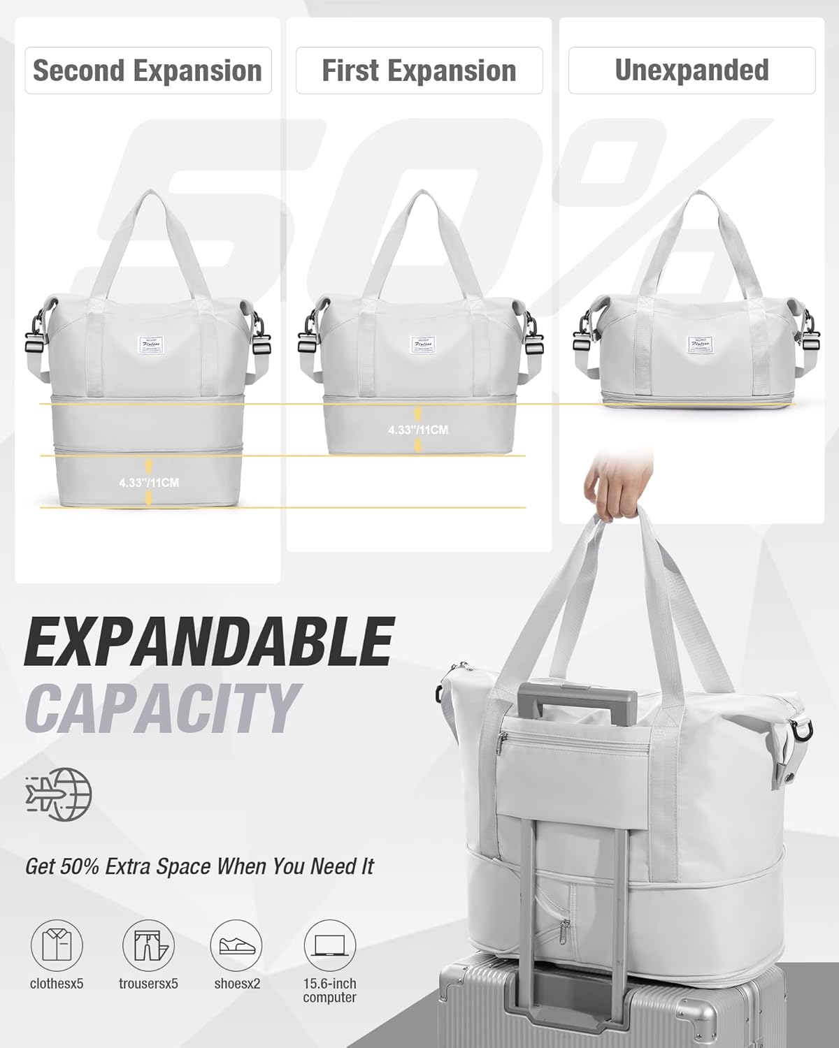 Expandable Travel Duffle Bag for Women Men, Large Gym Bag Travel Tote Bags, Waterproof Carry On Personal Item Bag Airline Approved, Workout Weekender Bag for Overnight Trips with Luggage Sleeve, Green