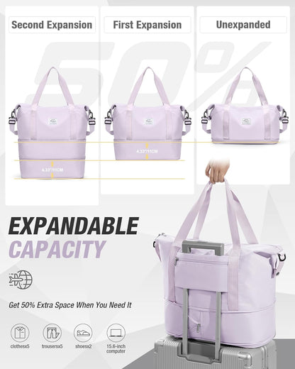 Expandable Travel Duffle Bag for Women Men, Large Gym Bag Travel Tote Bags, Waterproof Carry On Personal Item Bag Airline Approved, Workout Weekender Bag for Overnight Trips with Luggage Sleeve, Green