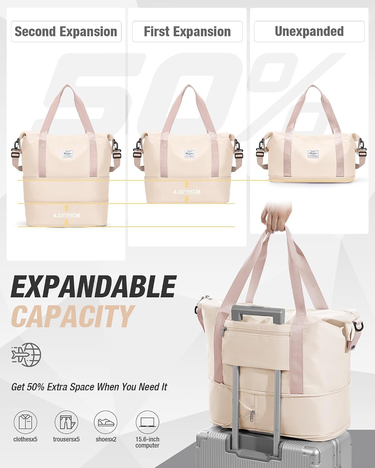Expandable Travel Duffle Bag for Women Men, Large Gym Bag Travel Tote Bags, Waterproof Carry On Personal Item Bag Airline Approved, Workout Weekender Bag for Overnight Trips with Luggage Sleeve, Green