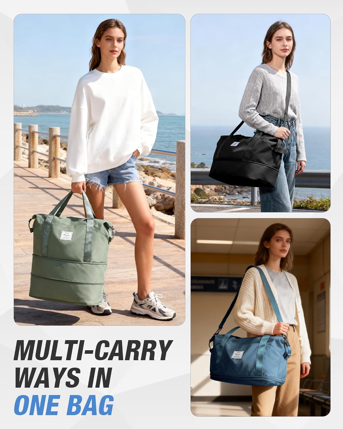 Expandable Travel Duffle Bag for Women Men, Large Gym Bag Travel Tote Bags, Waterproof Carry On Personal Item Bag Airline Approved, Workout Weekender Bag for Overnight Trips with Luggage Sleeve, Green