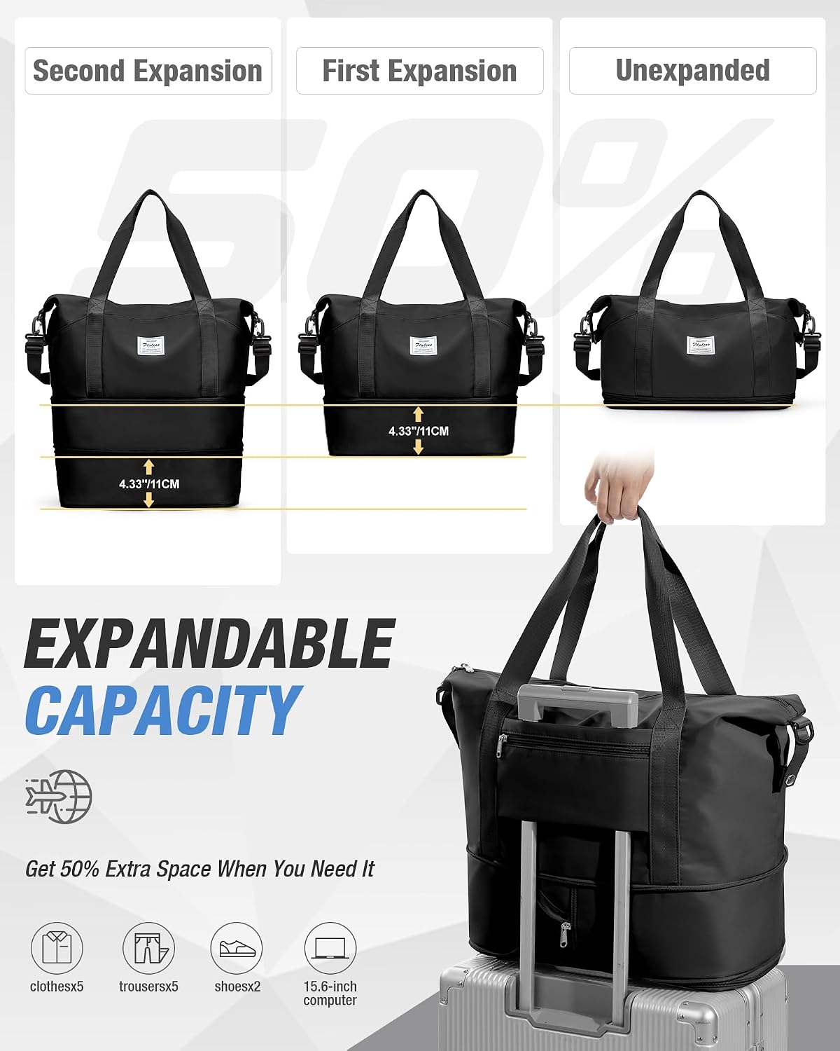 Expandable Travel Duffle Bag for Women Men, Large Gym Bag Travel Tote Bags, Waterproof Carry On Personal Item Bag Airline Approved, Workout Weekender Bag for Overnight Trips with Luggage Sleeve, Green