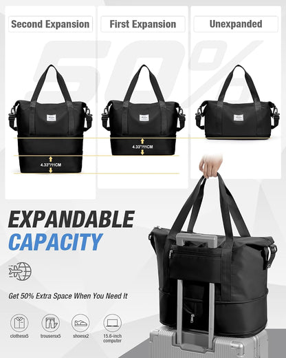 Expandable Travel Duffle Bag for Women Men, Large Gym Bag Travel Tote Bags, Waterproof Carry On Personal Item Bag Airline Approved, Workout Weekender Bag for Overnight Trips with Luggage Sleeve, Green