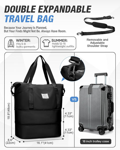 Expandable Travel Duffle Bag for Women Men, Large Gym Bag Travel Tote Bags, Waterproof Carry On Personal Item Bag Airline Approved, Workout Weekender Bag for Overnight Trips with Luggage Sleeve, Green