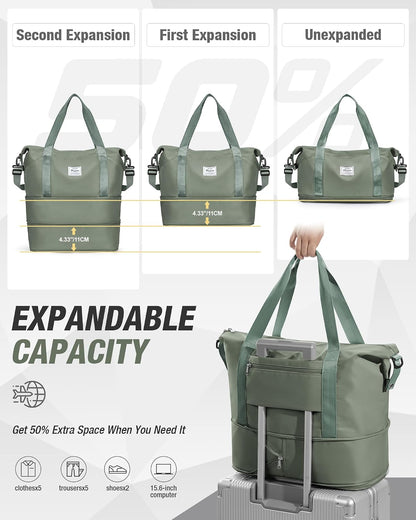 Expandable Travel Duffle Bag for Women Men, Large Gym Bag Travel Tote Bags, Waterproof Carry On Personal Item Bag Airline Approved, Workout Weekender Bag for Overnight Trips with Luggage Sleeve, Green