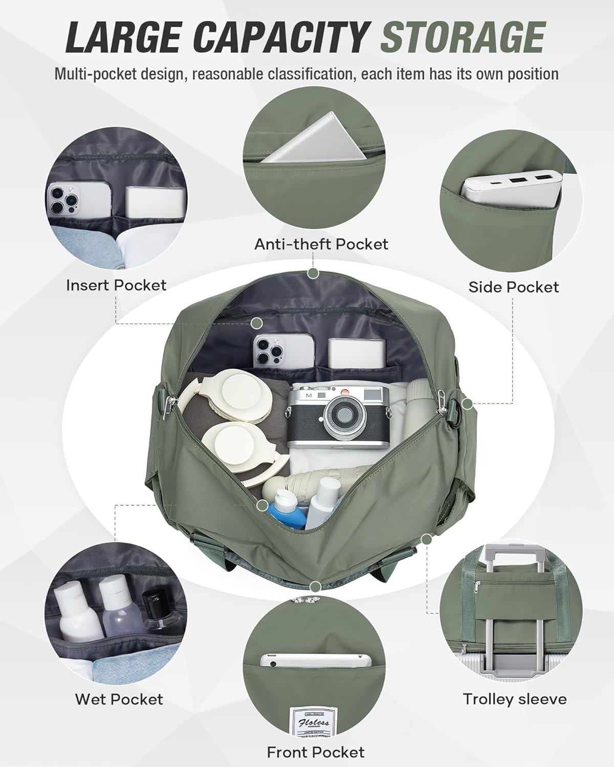 Expandable Travel Duffle Bag for Women Men, Large Gym Bag Travel Tote Bags, Waterproof Carry On Personal Item Bag Airline Approved, Workout Weekender Bag for Overnight Trips with Luggage Sleeve, Green