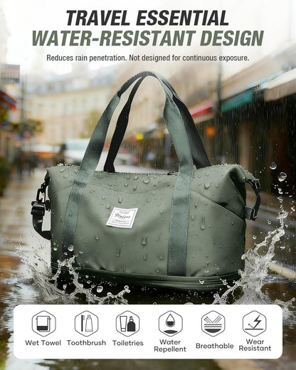 Expandable Travel Duffle Bag for Women Men, Large Gym Bag Travel Tote Bags, Waterproof Carry On Personal Item Bag Airline Approved, Workout Weekender Bag for Overnight Trips with Luggage Sleeve, Green