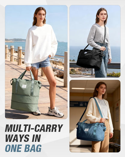 Expandable Travel Duffle Bag for Women Men, Large Gym Bag Travel Tote Bags, Waterproof Carry On Personal Item Bag Airline Approved, Workout Weekender Bag for Overnight Trips with Luggage Sleeve, Green