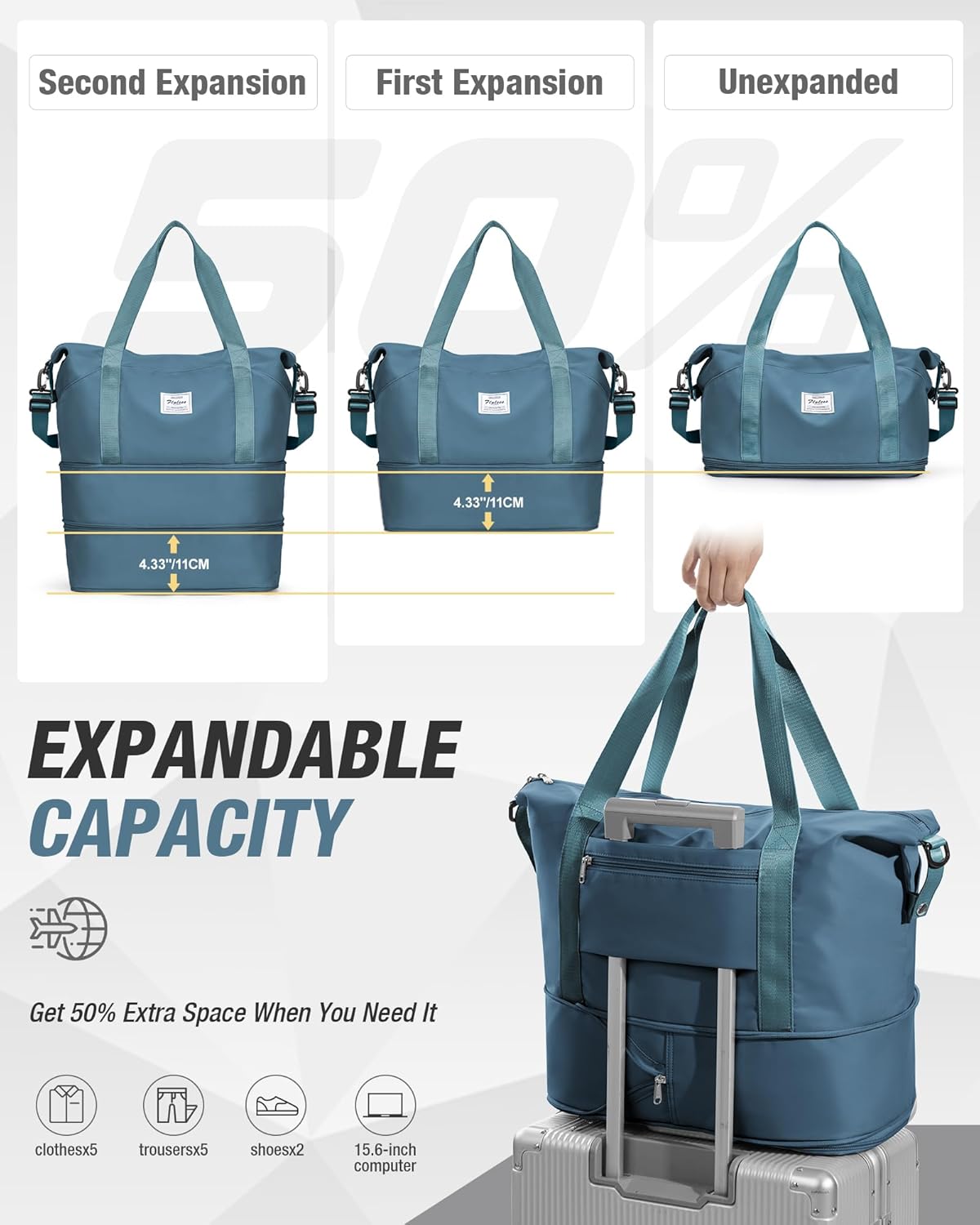 Expandable Travel Duffle Bag for Women Men, Large Gym Bag Travel Tote Bags, Waterproof Carry On Personal Item Bag Airline Approved, Workout Weekender Bag for Overnight Trips with Luggage Sleeve, Green