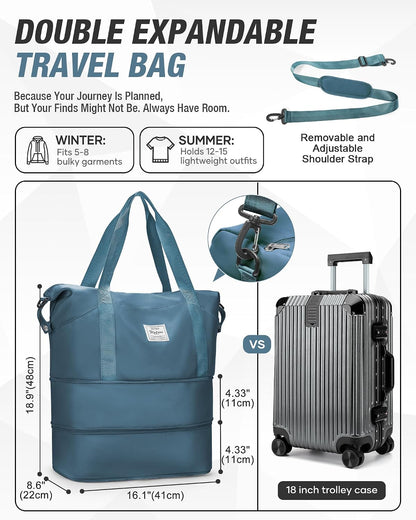 Expandable Travel Duffle Bag for Women Men, Large Gym Bag Travel Tote Bags, Waterproof Carry On Personal Item Bag Airline Approved, Workout Weekender Bag for Overnight Trips with Luggage Sleeve, Green